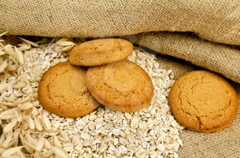 Four round oat biscuits on a pile of oatmeal with stalks of oats on sackcloth and wooden board