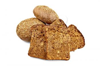Four slices of rye grain bread, two rye bun with sesame seeds isolated on white background