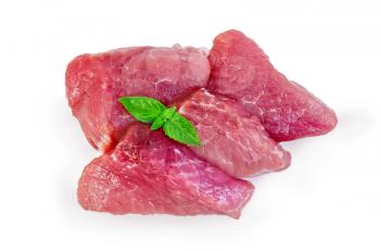 Sliced pork with basil isolated on white background