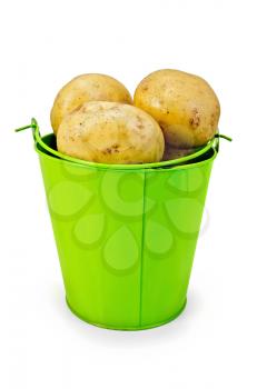 A pile of yellow potatoes in a small green bucket isolated on white background