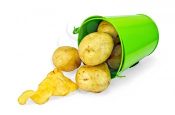 A pile of yellow potato has fall out of the green bucket with potato chips isolated on white background