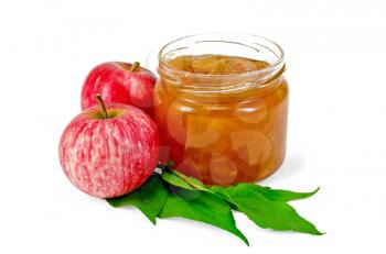 Apple jam in a glass jar, fresh red apples, twigs and leaves isolated on white background