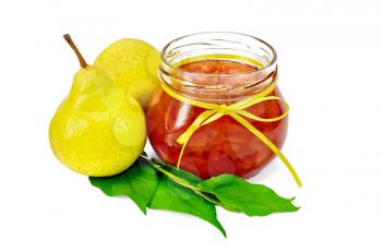 Pear jam in a glass jar with a yellow tape, fresh pears, twig with leaves isolated on white background