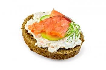 Sandwich of rye bread with cream, cucumber, dill and salmon isolated on white background