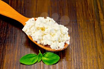 Cottage cheese in a wooden spoon, green basil on a wooden boards background