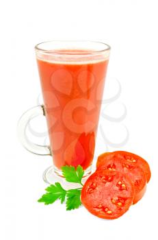 Tomato juice in a tall glass with sliced tomatoes, green sprig of parsley isolated on white background