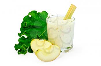 Dairy cocktail in a glass with leaves and rhubarb stalks, slices of apple isolated on a white background