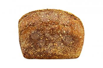 A rectangular loaf of rye bread, sprinkled with crumbs isolated on white background