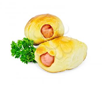 Two sausage rolls, parsley isolated on white background