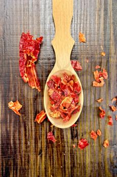 Red pepper flakes in a wooden spoon and a pod of dry red pepper on a wooden board on top