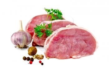 Three pork meat slice, parsley, peppercorns, garlic, nutmeg isolated on white background