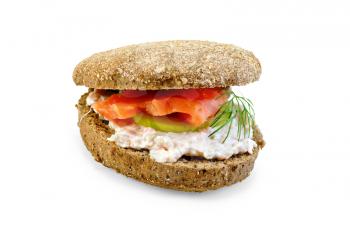 Sandwich of rye bun with cream, cucumber, dill and salmon isolated on white background