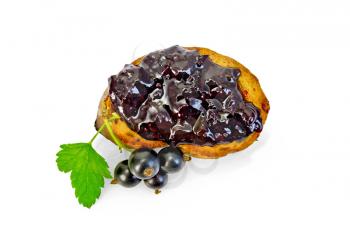 A slice of toast with jam from blackcurrant, branch with berries and leaves of black currant isolated on white background top