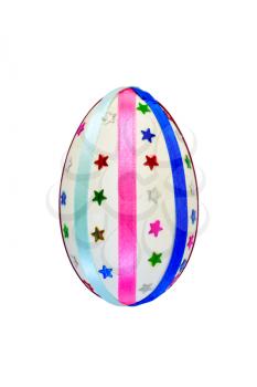 One easter egg, decorated with multicolored braid and sparkles in the form of stars isolated on white background