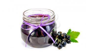 Glass jar with black currant jam, twigs with berries and leaves of black currant isolated on white background