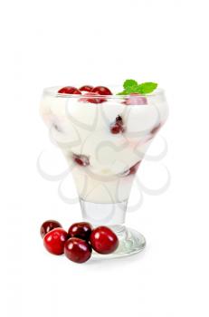 Thick yogurt with cherry and mint in a glass sundae dish, cherries isolated on white background