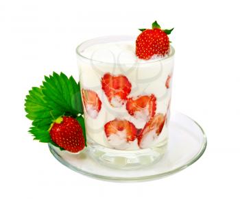 Thick yogurt with strawberries in a glass with a spoon on saucer isolated on white background