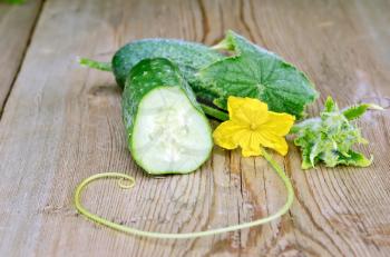 Sliced cucumber with yellow flower and green leaf on a wooden boards background