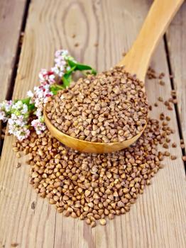 Buckwheat in a wooden spoon with flower buckwheat on a wooden boards background