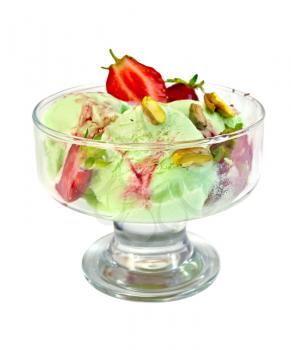Ice cream strawberry and pistachio in a glass with strawberries and pistachios isolated on white background