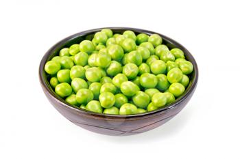 Green peas in a brown bowl isolated on white background