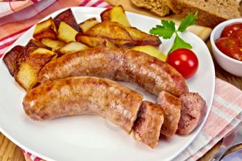 Pork sausages and potatoes fried in a dish, bread, sauce, tomato, parsley, napkin on the background of wooden boards
