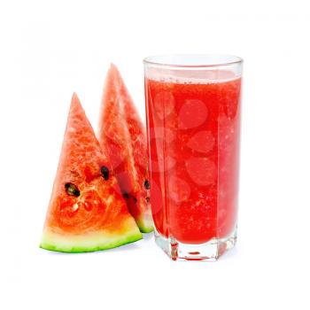Watermelon juice in a tall glass with two pieces of watermelon isolated on white background