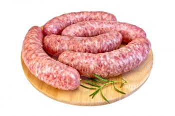 Pork sausage with rosemary on a round board isolated on a white background