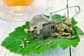 Dried sage in a strainer in the fresh sage leaves, a cup of herbal tea on a background of light wooden boards