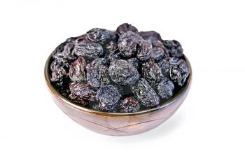 Black seedless raisins in a bowl isolated on white background