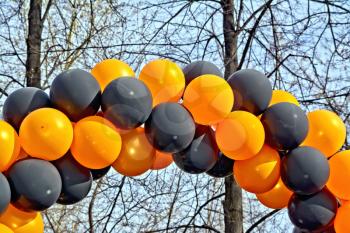 Balloons black and orange related to the background of trees and blue sky
