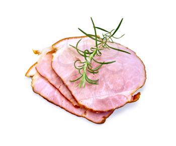 Thin slices of smoked ham with a sprig of rosemary isolated on white background