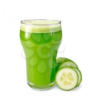 Cucumber juice in a tall glass, sliced cucumber into slices isolated on white background