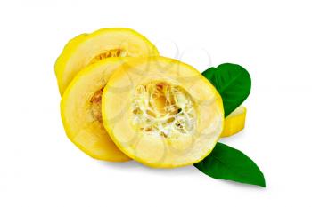 Ripe yellow squash cut into slices with two green leaves of lemon isolated on white background