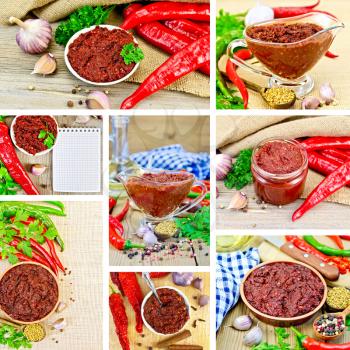 Set photos of Tabasco adjika in a glass gravy boat, bank, pottery, spices, hot peppers, parsley, on a wooden board, sacking