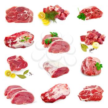 Collection of images of pork, spices, parsley, dill, lemon isolated on a white background