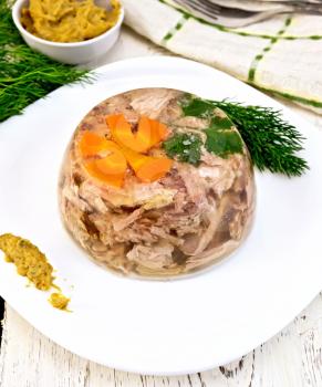 Jellied pork and beef with carrots and parsley on a plate with mustard and dill, towel on a background of wooden boards