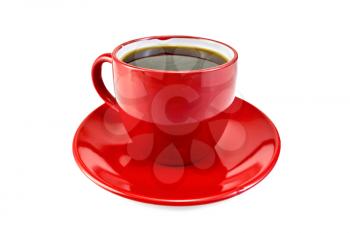 Coffee in red cup on the saucer isolated on white background