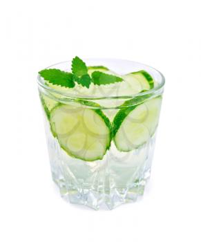 Lemonade with fresh cucumber and mint in a glass isolated on white background