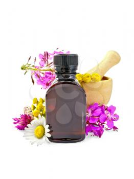 Oil in a dark bottle, fireweed flowers, tansy, chamomile, clover and yarrow, wooden mortar isolated on white background
