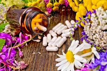 Capsules in a brown jar and on the table, fresh flowers of fireweed, tansy, chamomile, clover, yarrow, meadowsweet, mint leaves on a background of wooden board