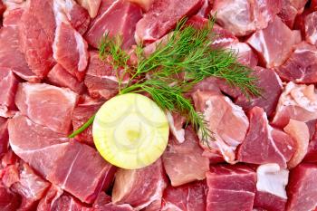 Texture of pieces of raw meat with dill and white onions
