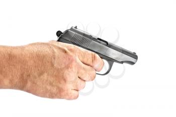 Black gun in a man's hand isolated on white background
