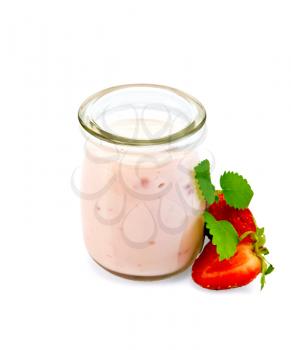 Strawberry yogurt in a glass jar, strawberry and mint isolated on white background