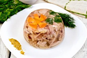 Jellied pork and beef with carrots and parsley on a plate with mustard and dill, dish towel on the background light wooden boards