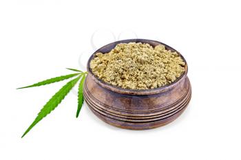 Hemp flour in a bowl, cannabis green leaf isolated on white background