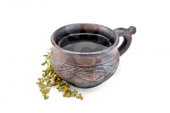 Herbal tea in a brown clay cup, twigs gray wormwood isolated on white background
