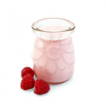 Milkshake with raspberries in a glass jar, berries isolated on white background
