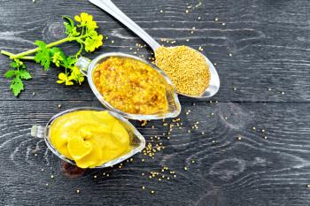 Mustard sauce and Dijon mustard in two glass saucepans, yellow flower and seeds in a spoon on the background of wooden board from above