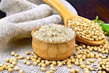 Soy flour in the bowl, soybeans in a spoon on a napkin of burlap, green soya leaf against a dark wooden board
